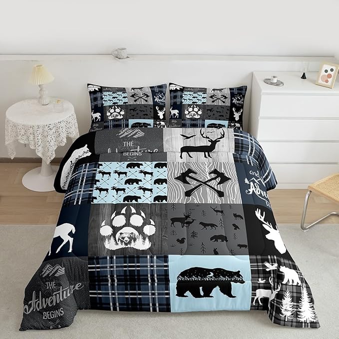 Cabin Retro Rustic Lodge Quilt King Size, Bear Deer Country Comforter Set For Kids Boys Teens Bedroom Decor, Hunting Wild Animal Bedding Plaid Checkered Adventure Down Comforter With 2 Pillow Cases