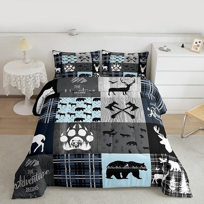 Cabin Retro Rustic Lodge Quilt King Size, Bear Deer Country Comforter Set For Kids Boys Teens Bedroom Decor, Hunting Wild Animal Bedding Plaid Checkered Adventure Down Comforter With 2 Pillow Cases