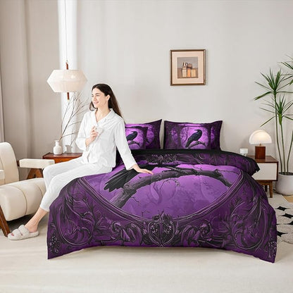 Erosebridal Crow 7 Piece Bedding Set Full Size,Gothic Halloween Bed in a Bag,Horror Theme Bed Set Includes Comforter, Sheet Set, Pillowcases & Pillow Covers All Season Bedroom Decor