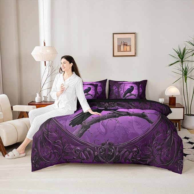 Erosebridal Crow 7 Piece Bedding Set King Size,Gothic Halloween Bed in a Bag,Horror Theme Bed Set Includes Comforter, Sheet Set, Pillowcases & Pillow Covers All Season Bedroom Decor