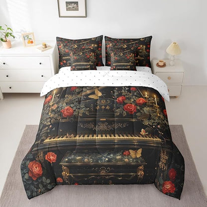 Erosebridal Vintage Piano Print Comforter Set King with Sheets,Music Themed Bedding Set Musical Instruments Decor for Home,7 Piece Butterfly Rose Flower Bed in a Bag with Pillowcases & Shams