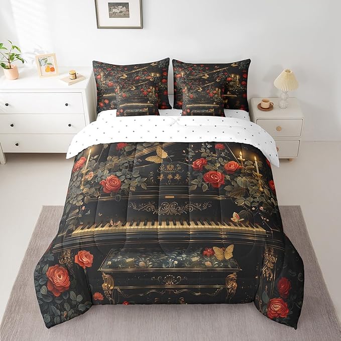 Erosebridal Vintage Piano Print Comforter Set Twin with Sheets,Music Themed Bedding Set Musical Instruments Decor for Home,7 Piece Butterfly Rose Flowers Bed in a Bag with Pillowcases & Shams