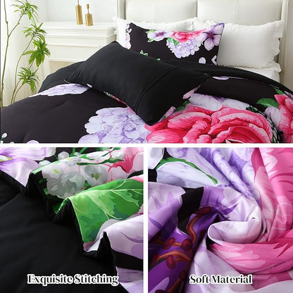 Floral Comforter Set King Size, 3 Pieces Elegant Black Floral Bed in a Bag, Soft Microfiber Botanical Flower Bedding Set with 2 Pillowcases for All Season 104"×90"