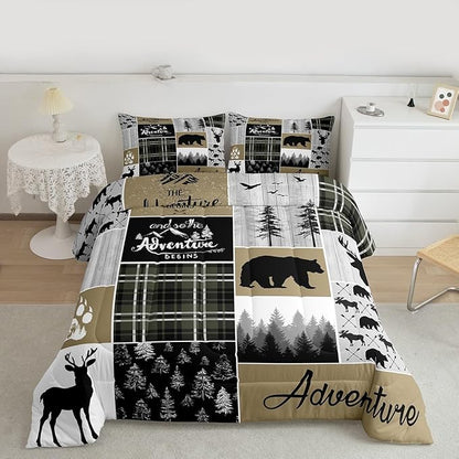 Rustic Cabin Comforter Set For Men, Farmhouse Country Bear Moose Bedding Twin Size, Forest Vintage Wood Decor Quilt Hunting Camping Adventure Themed Bedding Comforter Sets Bear Decor For Home