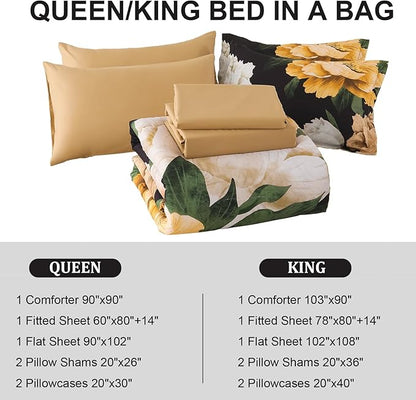 Dobuyly King Size Comforter Set 7 Piece Bed in a Bag, Yellow Brown Floral Printed on Black Comforter Set with Sheets, Soft Microfiber Botanical Boho Complete Bedding Set for All Season