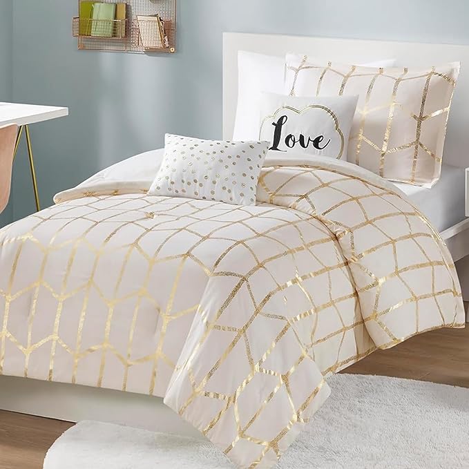 Intelligent Design Raina Twin / Twin XL Comforter Set, Soft Microfiber Comforter Set Twin, Modern Geometric Metallic Bed Set, 4 Pieces College Bedding Comforter Set with 1 Sham, 2 Toss Pillows Ivory
