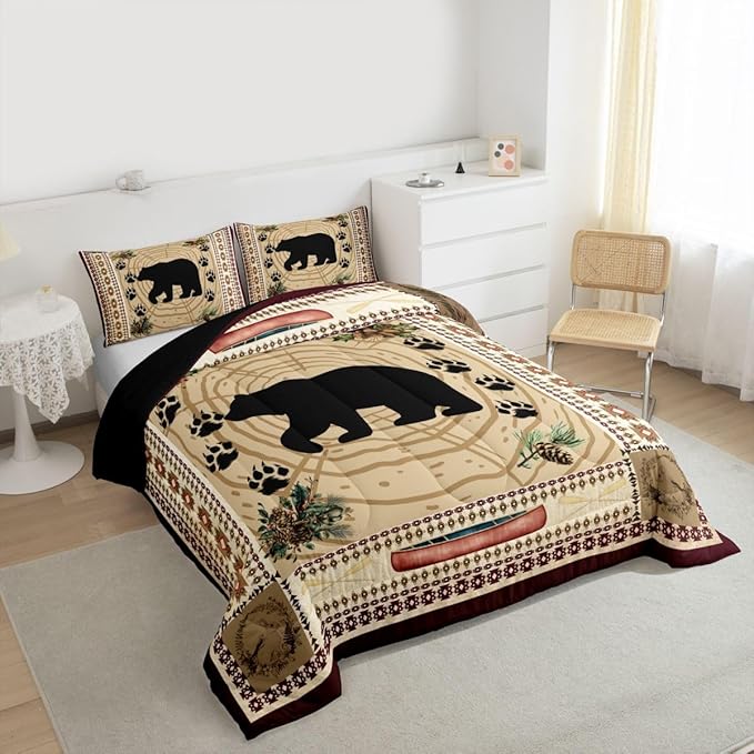 Erosebridal Rustic Cabin Decor Bed Set - Twin Size Tribal Bear Comforter with Swirls and Bear Paw Print Quilt - Exotic Nordic Style