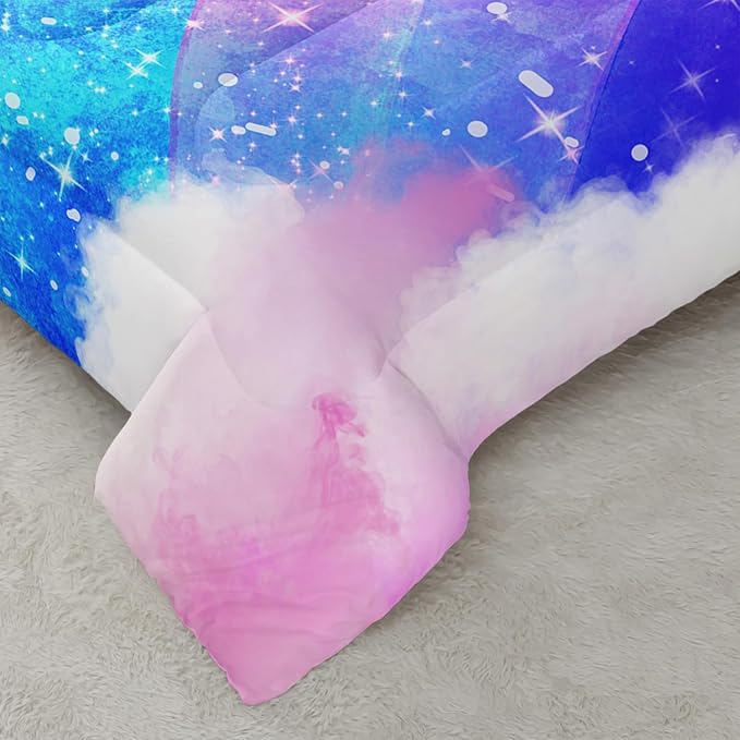 Rainbow Queen Size Comforter Set for Girls Kids Women,Colorful Galaxy Microfiber 3 Piece Bedding Set,All Season Down Alternative Bedding with Matching Sham(Violet Star),91x91 Inches