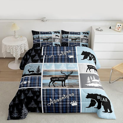 Cabin Rustic Bedding, Full Bear Deer Woodland Animals Comforter Set For Kids Boys Teens Adult, Wildlife Hunting Lodge Quilt Blue Patchwork Plaid Duvet Insert Vintage Country Farmhouse Down Comforter