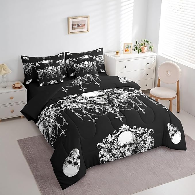 Gothic Bed in a Bag King Size Comforter Set 7 Pieces,Goth Sugar Skull Black And White Damask Bedding Set,Bohemian Vintage Floral Comforter and Sheet Set,Exotic Antique Victorian Baroque Decor