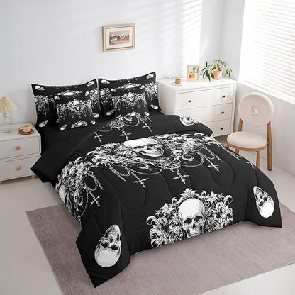 Erosebridal Gothic Bed in a Bag Queen Comforter Set 7 Piece,Goth Sugar Skull Black and White Damask Bedding Set,Bohemian Vintage Floral Comforter and Sheet Set,Exotic Antique Victorian Baroque Decor