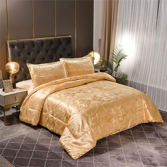 Queen Comforter Set- Luxury Gold Silk Bed Set All Season Lightweight Quilt Soft Microfiber Bedding comforters & Sets Matching 2 Pillow Shams (Full/Queen, 3 Pieces, 88-by-88 inches)