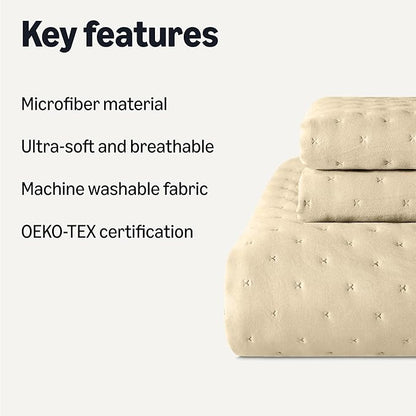 Amazon Basics Brushed Microfiber Quilt Set, Extra Soft with Natural Texture, 3-Piece, King, Beige
