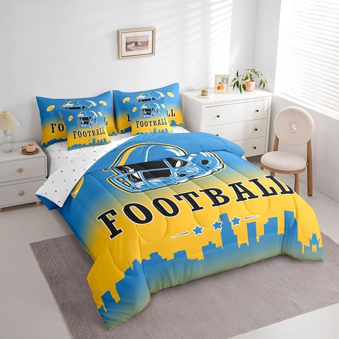 Erosebridal American Soccer 7 Pcs Bedding Set Twin Boys Football City Comforter Set with Sheets Sports Rugby Competitive Ball Games Bed in A Bag Blue Yellow Bed Set for Kids Teen Adults