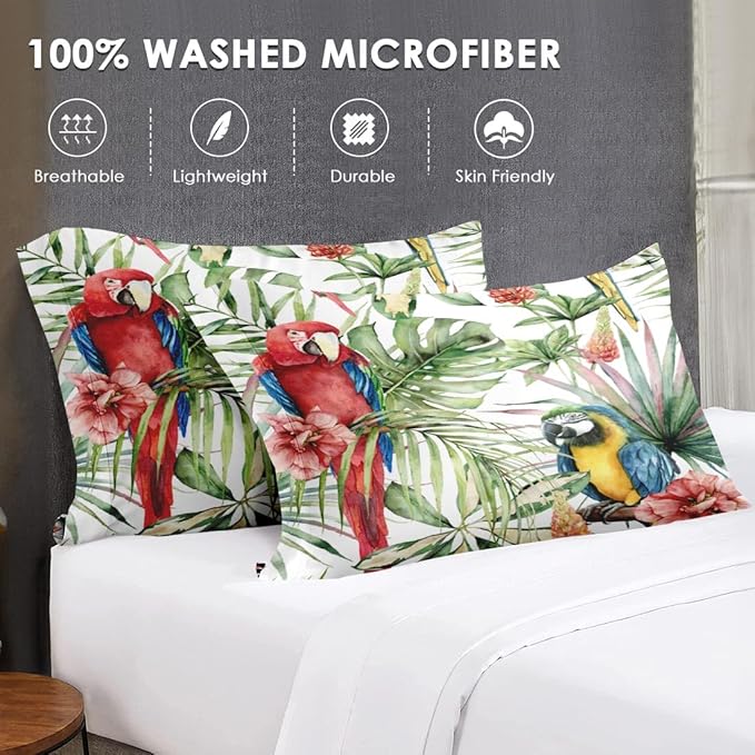 Full Size Comforter Set with 2 Pillowcases, Tropical Hibiscus Birds 3 Pcs Bedding for Kids and Adults, Flower Palm Leaf Soft Comforter Set for Bedroom Bed Decor
