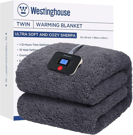 Westinghouse Electric Blanket Twin Size, Soft Plush Sherpa Heated Blanket with 10 Heating Levels & 1-12 Hours Auto-Off, Machine Washable, 62x84 inches, Darkgrey