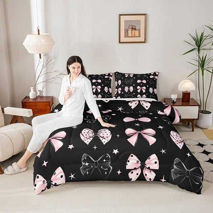 Erosebridal Black Pink Bow Bedding Set Cute Cartoon Bowknot Full Comforter Set for Girls Coquette Butterfly Knot Bedding Comforter Sets for Kids Teen Adults,Princess Style Kawaii Bed Set