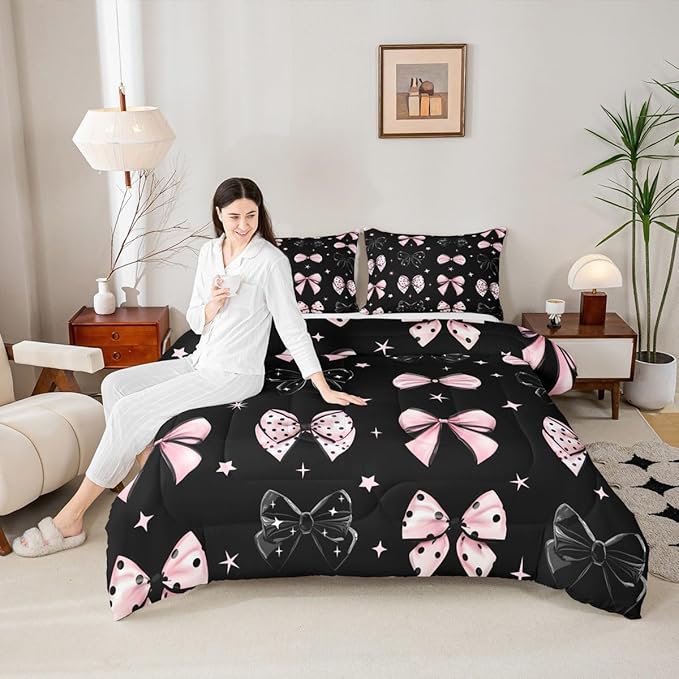 Erosebridal Black Pink Bow Bedding Set Cute Cartoon Bowknot Twin Comforter Set for Girls Coquette Butterfly Knot Bedding Comforter Sets for Kids Teen Adults,Princess Style Kawaii Bed Set