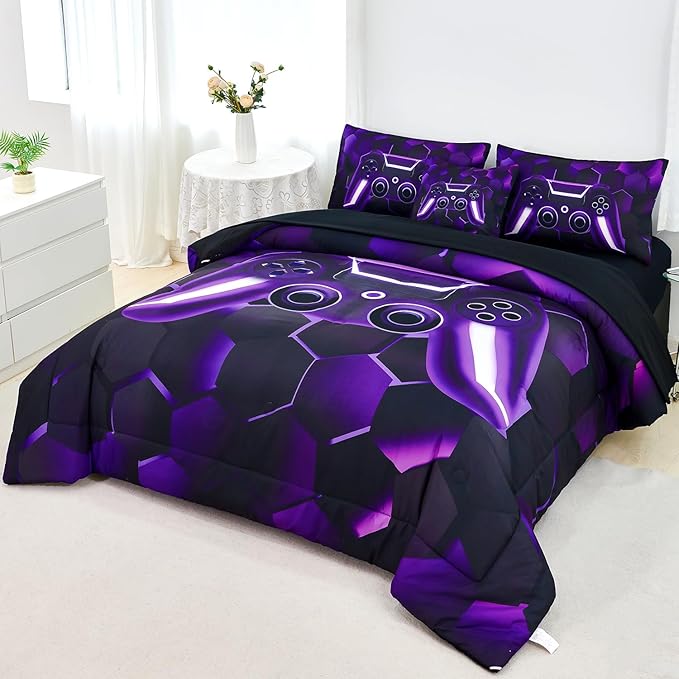 URBONUR Gaming Comforter Sets for Boys Queen Black Purple 6 Pcs Gamer Bed in a Bag Soft Lightweight Game Console Printed Bedding Set (Purple, Queen)
