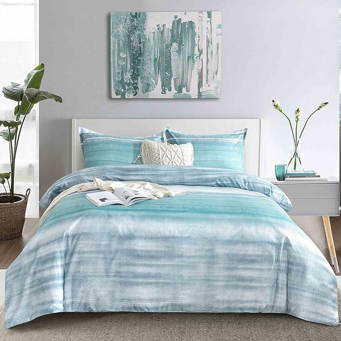 King Size Comforter Set, Blue, Grey and Teal Striped Pattern Print Reversible Down Alternative Bed Sets - 104 x 90 3PC Soft Microfiber Duvet Sets Modern Abstract Bedding in a Bag for Women Men, Gray
