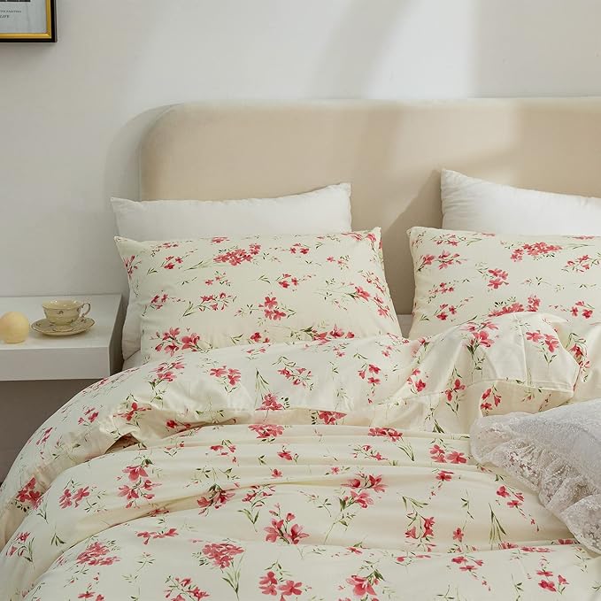 Full Floral Comforter Set Soft Cute Floral Bedding Comforter Sets Garden Style Red Flower Print Botanical Flowers Comforter Set for All Seasons 1 Comforter and 2 Pillowcases