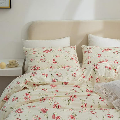 Full Floral Comforter Set Soft Cute Floral Bedding Comforter Sets Garden Style Red Flower Print Botanical Flowers Comforter Set for All Seasons 1 Comforter and 2 Pillowcases