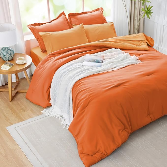 King Size Comforter Set Burnt Orange, Reversible Bedding Set, 7 Pieces Soft Bed in a Bag with Comforter, Sheets, Pillowcases & Shams, All Season Boho Bed Set