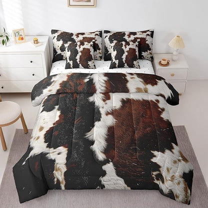 Erosebridal Highland Cow Print Twin Comforter Set 7pcs Cow Fur Printed Bedding Comforter Sets, Brown and White Bed in a Bag Milk Cow Bedding Set, Farm Animal Faux Skin Bed Sheets Set