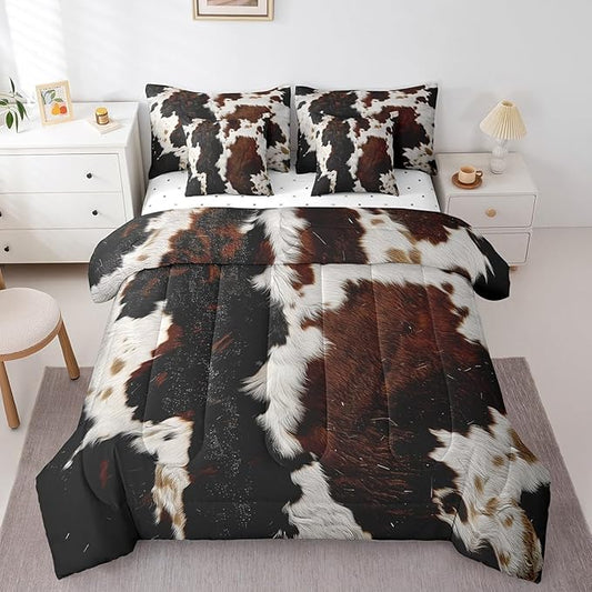 Erosebridal 7 Pieces Highland Cow Print Bedding King Size Cow Fur Printed Comforter Set, Brown and White Bedding Comforter Sets Milk Cow Bed in a Bag, Farm Animal Faux Skin Bedding Accessories