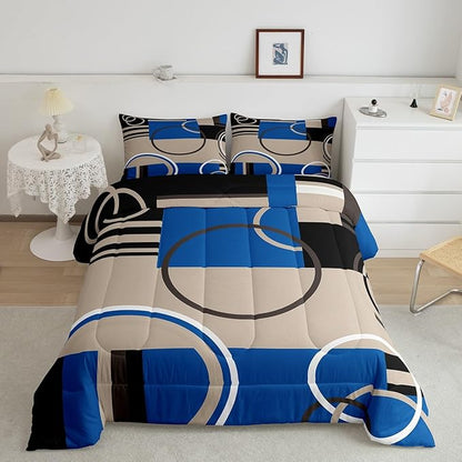 Modern Circles Swirls Comforter Queen Size Geometric Spiral Square Bedding Set Blue Black Grey Comforter Set Abstract Gromment Plaid Quilted Duvet Chic Graphic Texture Artwork Quilt Comforter, 3Pcs