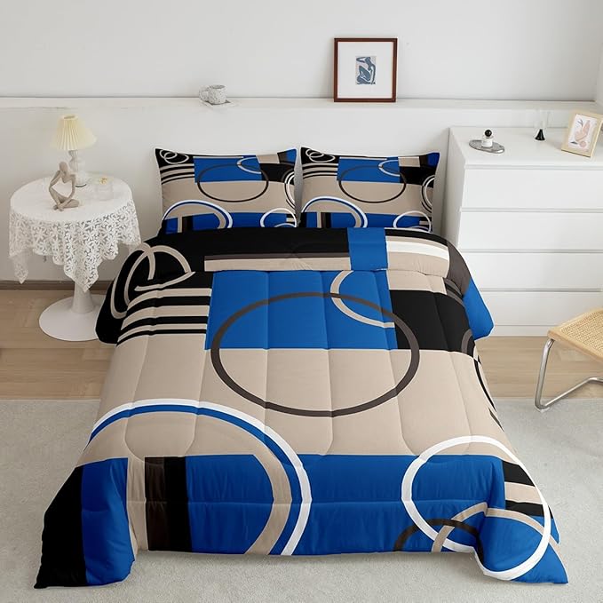 Modern Circles Swirls Comforter King Size Geometric Spiral Square Bedding Set Blue Black Grey Comforter Set Abstract Gromment Plaid Quilted Duvet Chic Graphic Texture Artwork Quilt Comforter, 3Pcs