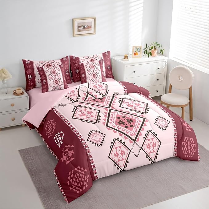 Erosebridal 7 Pcs Southwestern Aztec Bed in A Bag Twin Western Bohemian Comforter Set Exotic Tribal Mexican Geometric Bedding Sets Ethnic Native American Sheet Set with Comforter Farmhouse Pink Decor