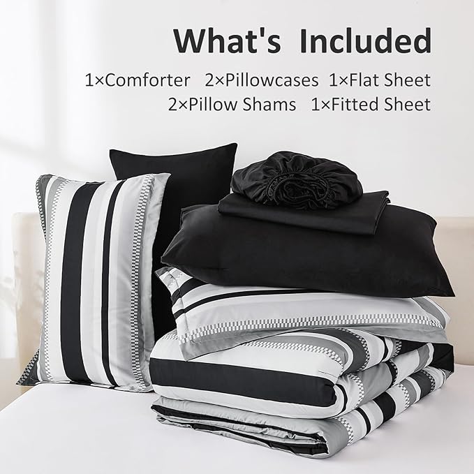 WONGS BEDDING Queen Size Comforter 7 Pieces, Black Queen Comforter Set with Sheets, Boho Striped Bed in a Bag Soft Micorfiber Bedding Set for All Seaon (90"×90")