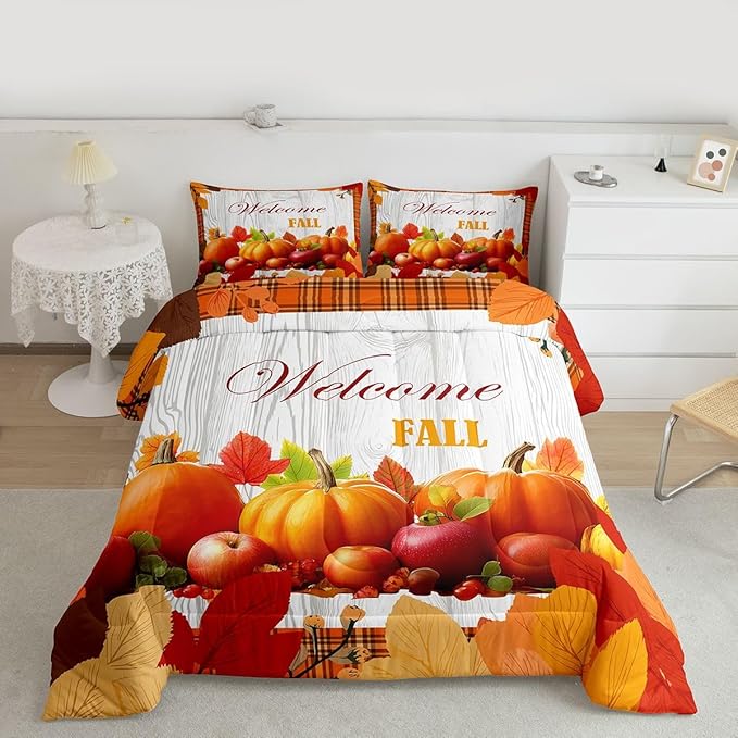 Pumpkin Comforter Set Queen Happy Fall Bedding Set Thanksgiving Day Harvest Season Comforter Gifts For Kids Teen Adults,Orange Buffalo Plaid Quilt Duvet Rustic Farmhouse Home Room Decor 2 Pillow Cases