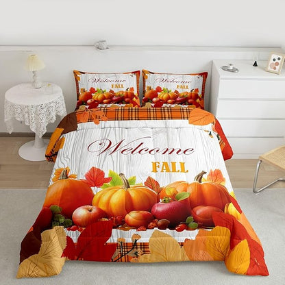 Pumpkin Comforter Set Full Happy Fall Bedding Set Thanksgiving Day Harvest Season Comforter Gifts For Kids Teen Adults,Orange Buffalo Plaid Quilt Duvet Rustic Farmhouse Home Room Decor 2 Pillow Cases