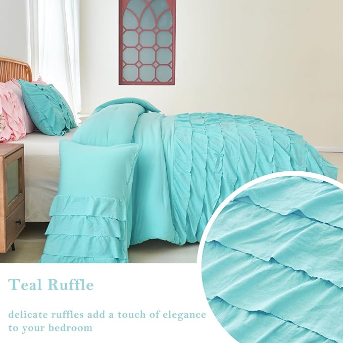PERFEMET Teal Boho Full Size Bedding Sets for Girls, Multi Layers Ruffle Kids Comforter Set, Washed Microfiber Princess Bed Set, Farmhouse Boho Preppy Bedding Set (Teal,Full)