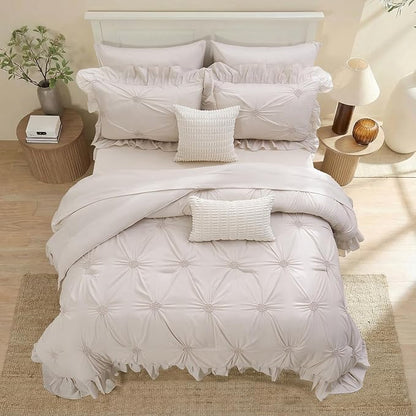 Bedbay Beige Ruffle Comforter Set King Size Ruched Bedding 9 Pcs King Bed in a Bag Pintuck Pinch Pleat Bedding Set Elegant Ruffle Farmhouse Boho Comforter Bed Set for All Seasons