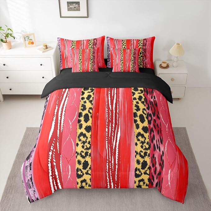 Erosebridal Stripe White Gold Red Leopard Print Women King 7-Piece Comforter Set | Geometric Cheetah Fur Sheets and Pillowcases Animal Skin Pattern Bed in A Bag Men Adults Bed Sets