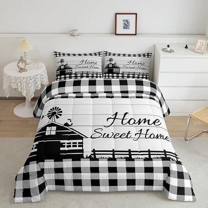 Rustic Cabin Comforter Set Queen Country Farmhouse Bedding Set Black White Buffalo Plaid Check Bedding Comforter Sets For Kids Boys Girls Farm Animal Windmill Quilt Set Western Decor 2 Pillow Cases