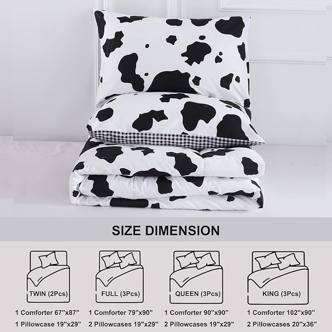PERFEMET Cow Print Bedding Comforter Set Queen Size Black and White Reversible Geometric Checkered Bedding Set for Kids Teens Boys Girls Rustic Animal Cowhide Pattern Bed Quilt Set