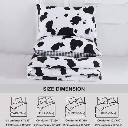 PERFEMET Cow Print Twin Comforter Set for Boys 3 Pieces Black White Teen Boy Bedding Sets Reversible Plaid Kids Bed Set for Teens Girls (Twin, Black and White)