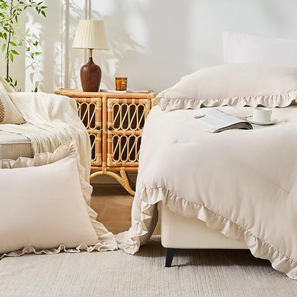 FUANNA Full Size Comforter Sets Beige, 3 Pieces Ruffle Full Size Bedding Sets, Fluffy Bed in a Bag Full for All Seasons, Shabby Chic Full Bed Set with 1 Lightweight Comforter & 2 Pillowshams
