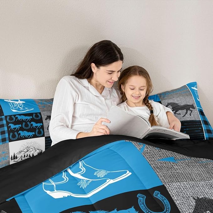 Erosebridal Horse Quilt for Teens, Western Cowboys Cowgirls Comforter Set King, Vintage Riding Boots Farm Animal Bedding Set Rustic Southwestern Horseshoe Duvet Sets Cabin Lodge Room Decor, Blue