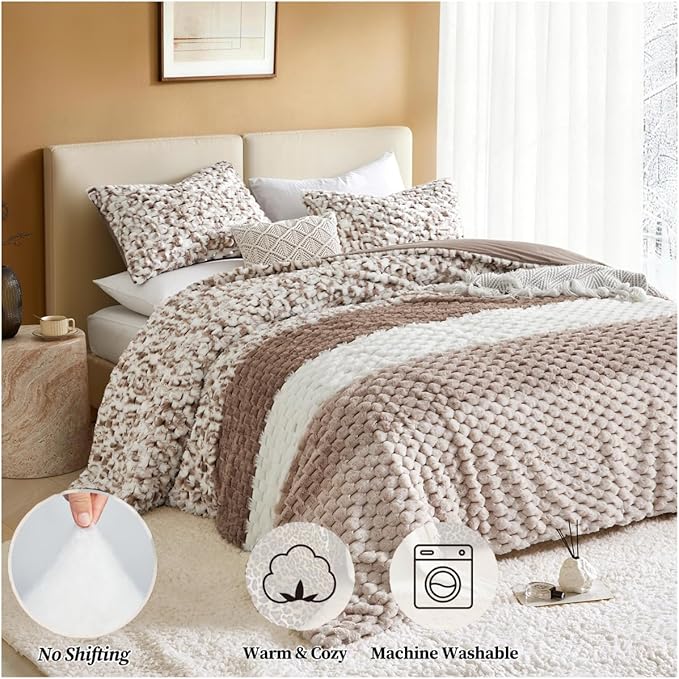 Petrichor Fluffy King Comforter Set - Taupe and White Striped Faux Fur Blanket for King Bed, Ultra-Soft Warm Bedding for Winter & Fall, Cozy 3 Piece Bed Set (1 Comforter & 2 Pillowcases)