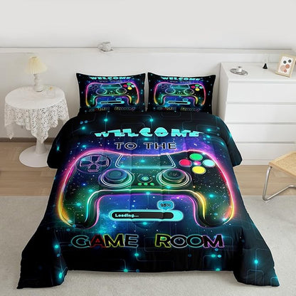 jejeloiu Cool Gamer Bedding Set King Size for Boys 3D Gaming Comforter Set Kids Teens Bright Color Duvet Set Modern Game Console Quilt Set 3Pcs
