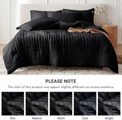 MUXHOMO 7 Pieces King Comforter Set, Seersucker Bed in a Bag King Size, All Season Luxury Bedding Set with Comforter, Flat Sheet, Fitted Sheet, Pillowcases & Shams, Black
