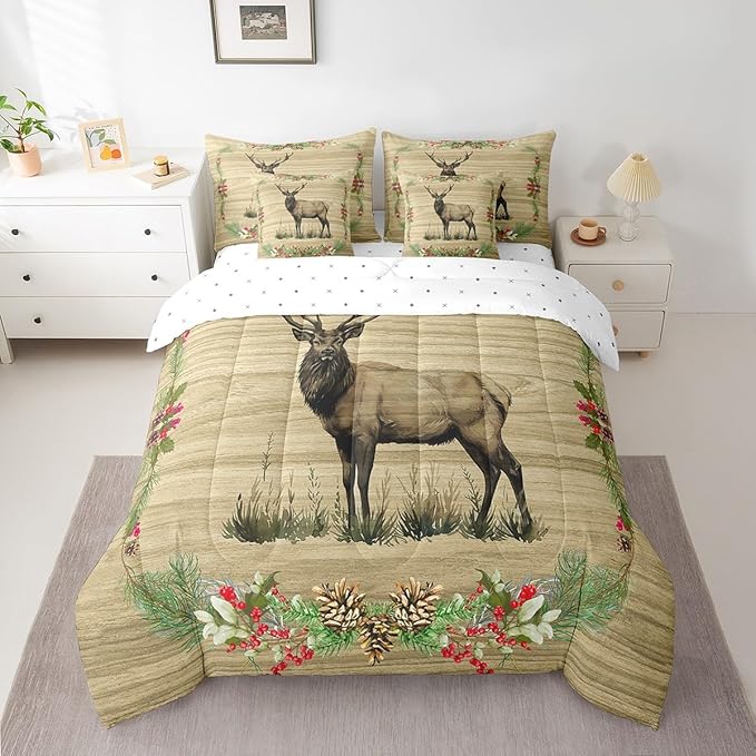 Reindeer Bed in a Bag King Size Comforter Set 7 Pieces,Woodland Animals Bedding Sets Rustic Elk Deer Moose Sheet Set with Comforter