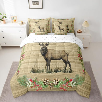 Reindeer Bed in a Bag King Size Comforter Set 7 Pieces,Woodland Animals Bedding Sets Rustic Elk Deer Moose Sheet Set with Comforter