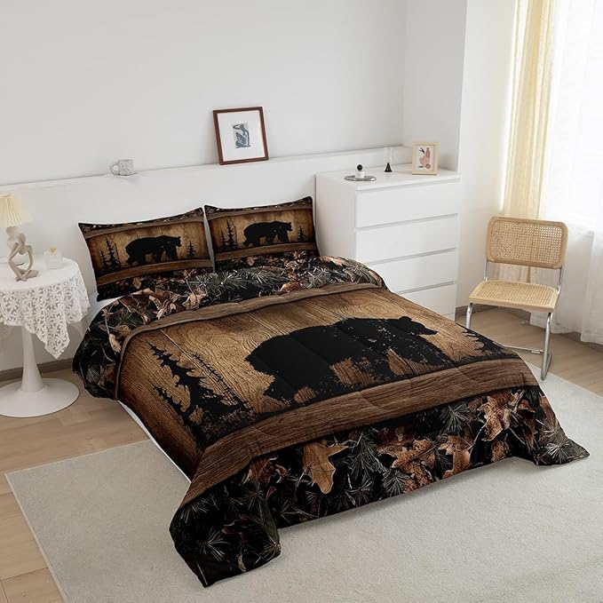 Erosebridal Rustic Farmhouse Comforter Set Country Cabin Bear Bedding Set Twin,Tree Branches Woodland Camo Hunting Wildlife Bedding Comforter Sets for Teen Boys Men Camouflage Animal Quilt Set