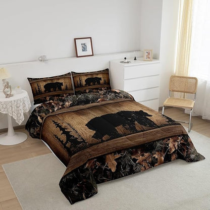 Erosebridal Rustic Farmhouse Comforter Set Country Cabin Bear Bedding Set Twin,Tree Branches Woodland Camo Hunting Wildlife Bedding Comforter Sets for Teen Boys Men Camouflage Animal Quilt Set